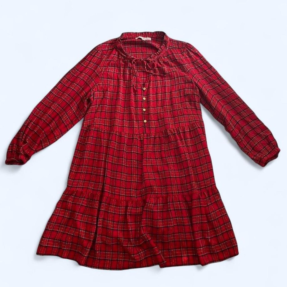 Red plaid tiered shirt dress with a ruffled neckline petite M by LOFT